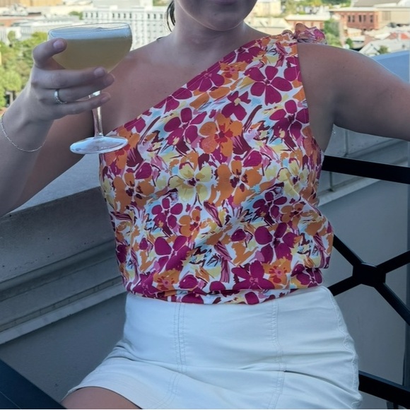 Tops - Floral One-Shoulder Top - Pink and Orange